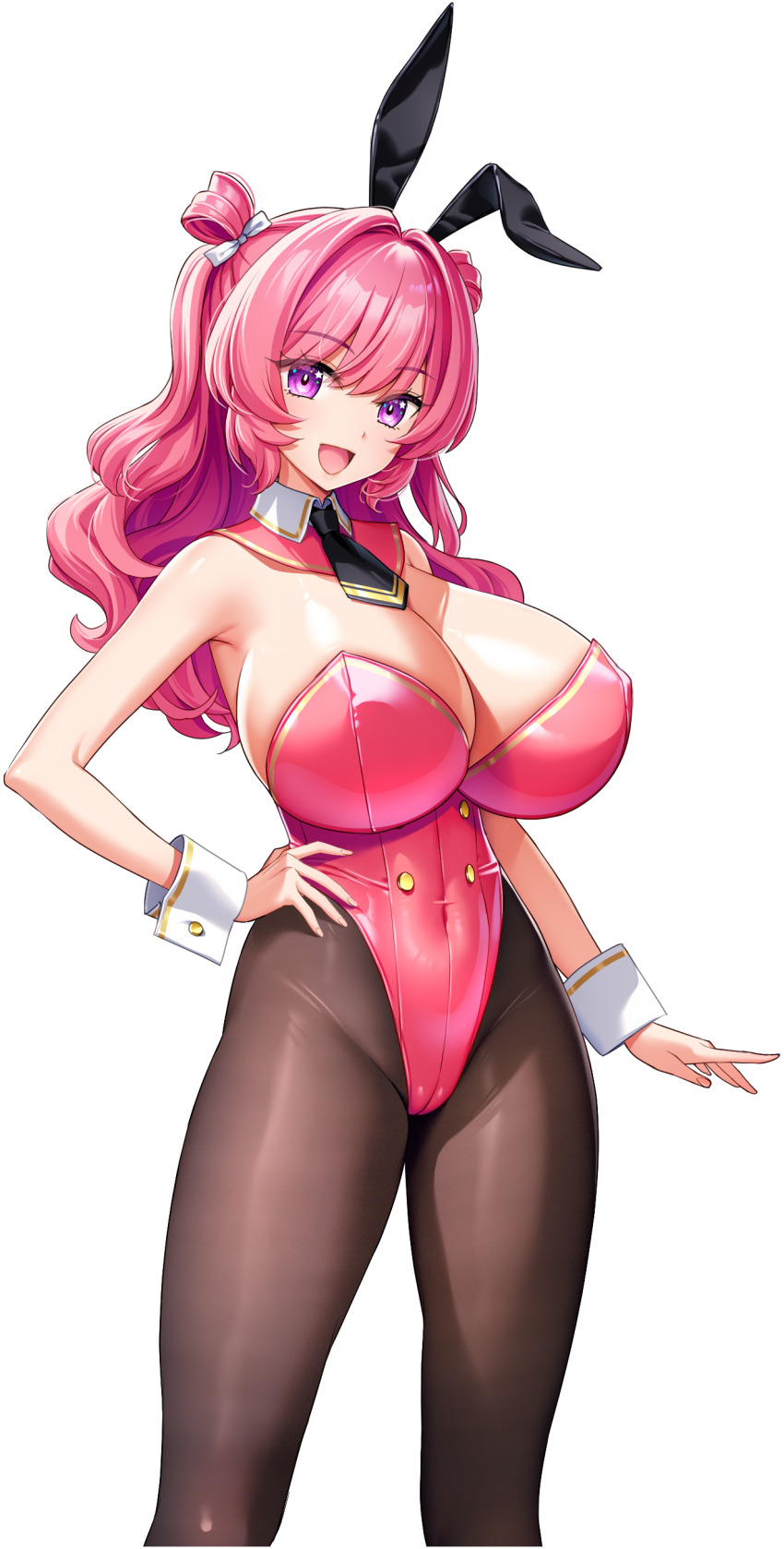 1girl :d absurdres animal_ear_hairband animal_ears arm_at_side black_hairband black_necktie breasts chichino_kaori cleavage covered_navel derauea detached_collar double_bun fake_animal_ears game_cg hair_bun hair_intakes hair_rings hairband hand_on_own_hip highleg highleg_leotard highres huge_breasts leotard light_blush long_hair looking_at_viewer motto!_haramase!_honoo_no_oppai_isekai_oppai_bunny_gakuen! necktie non-web_source official_art open_mouth pantyhose pink_hair pink_leotard playboy_bunny purple_eyes rabbit_ear_hairband rabbit_ears smile solo standing star_(symbol) star_in_eye strapless strapless_leotard symbol_in_eye tachi-e transparent_background wavy_hair wavy_sidelocks white_wrist_cuffs wrist_cuffs