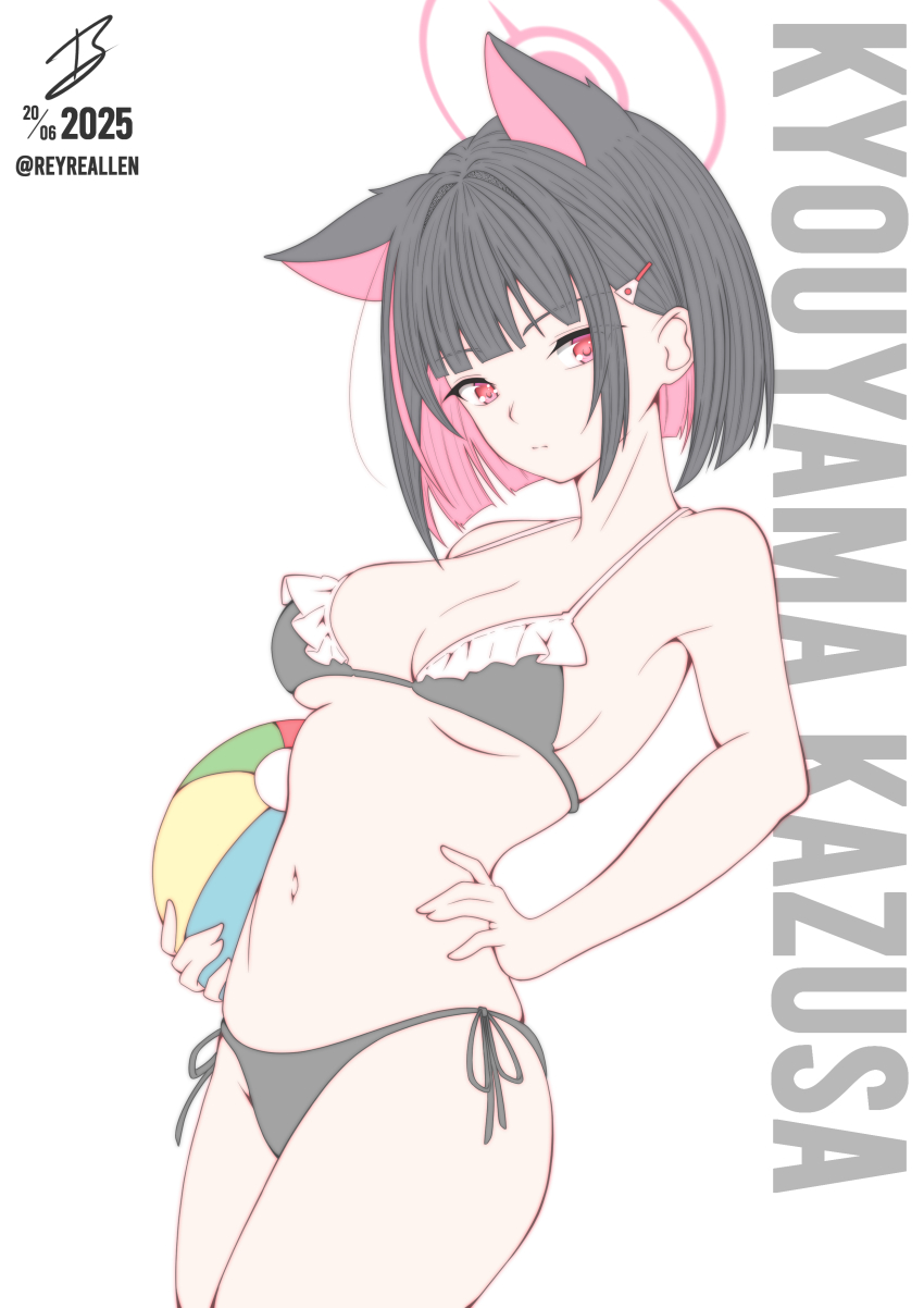 1girl absurdres alternate_costume animal_ears ball bare_shoulders beachball bikini black_bikini black_hair blue_archive blunt_bangs blunt_ends bob_cut breasts cat_ears cat_girl character_name closed_mouth colored_inner_animal_ears colored_inner_hair commentary cowboy_shot english_commentary extra_ears frilled_bikini frills frown hair_behind_ear hair_ornament hairclip halo hand_on_own_knee highres holding holding_ball holding_beachball kazusa_(blue_archive) looking_at_viewer medium_breasts multicolored_hair navel pink_hair pink_halo realen red_eyes short_hair side-tie_bikini_bottom sidelocks signature simple_background skindentation solo split_mouth stomach straight_hair swimsuit two-tone_hair underboob white_background