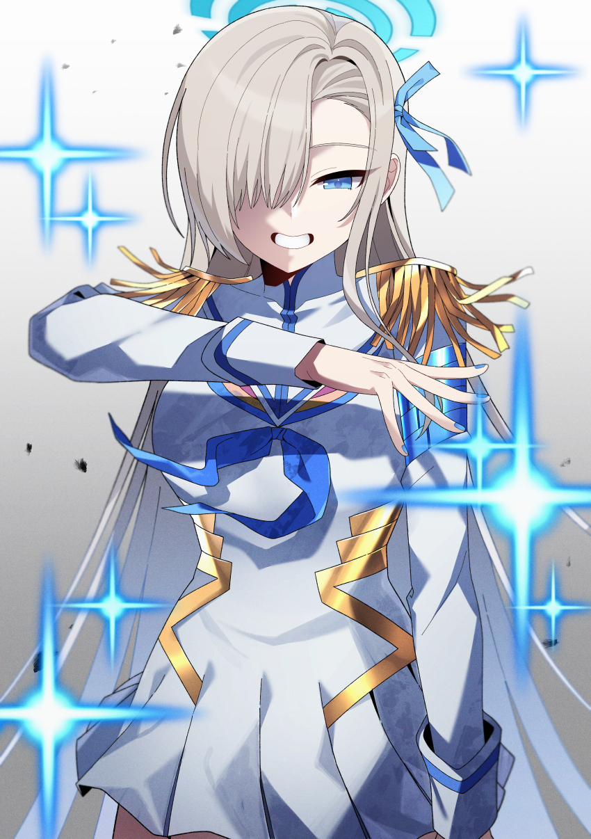 1girl absurdres asuna_(blue_archive) blue_archive blue_eyes breasts commentary cosplay cowboy_shot epaulettes gradient_background grin highres hwaen junketsu kill_la_kill kiryuuin_satsuki kiryuuin_satsuki_(cosplay) large_breasts light_brown_hair long_hair looking_at_viewer nail_polish purple_hair smile solo
