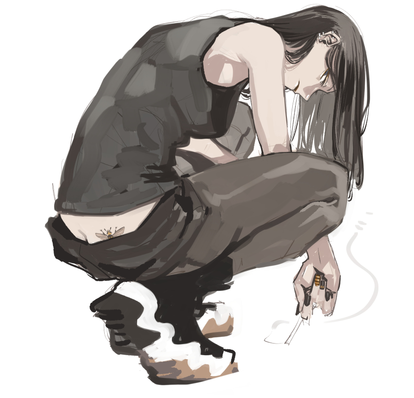 1girl ass ass_tattoo bee breasts bug butt_crack butterfly_tattoo cigarette expressionless highres ikuhana_niiro insect looking_at_viewer pants shoes sneakers squatting tag tattoo
