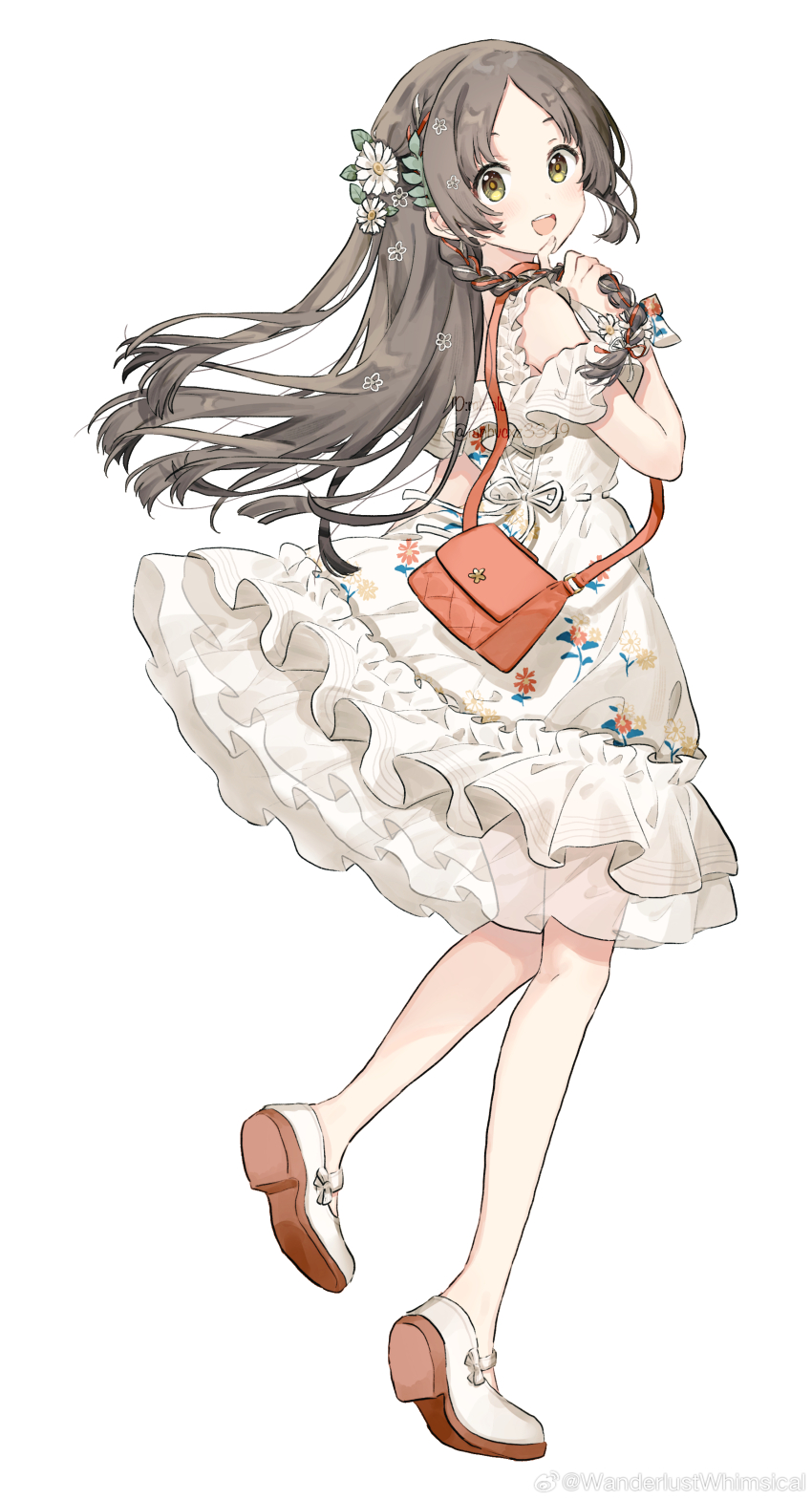 1girl :d absurdres artist_name bare_shoulders blush braid breasts brown_eyes brown_hair commentary_request dress flower frilled_dress frills from_behind full_body gakuen_idolmaster hair_between_eyes hair_flower hair_ornament hand_up highres holding holding_own_hair idolmaster kuramoto_china long_hair looking_at_viewer looking_back migolu open_mouth simple_background small_breasts smile solo standing standing_on_one_leg twitter_username watermark weibo_watermark white_background white_dress