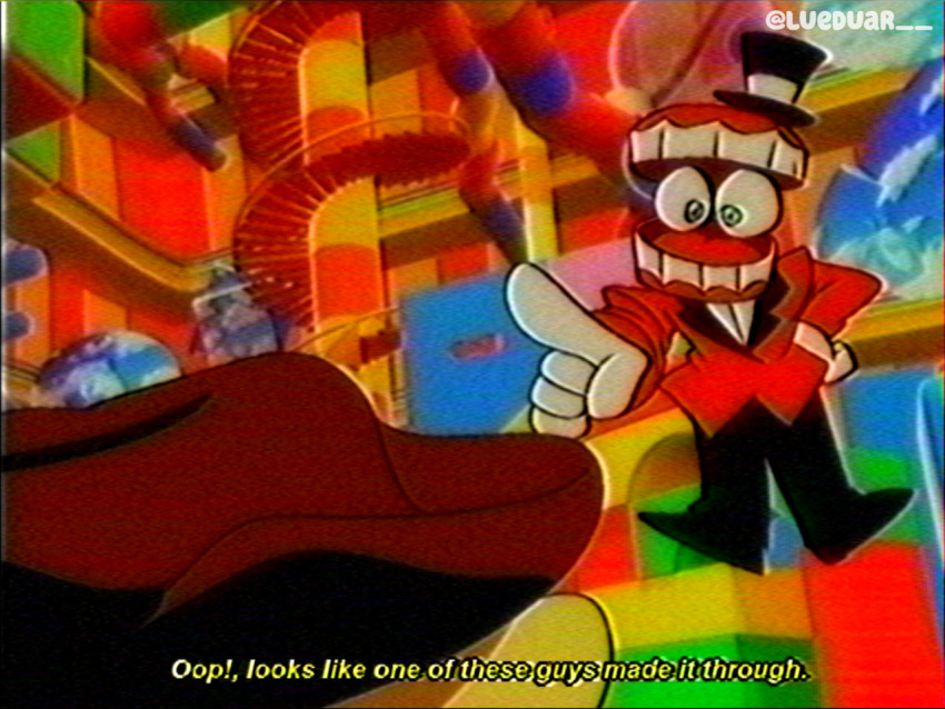 2boys black_pants blurry caine_(the_amazing_digital_circus) dentures derivative_work english_text fake_screenshot formal_clothes gloves gummigoo hat heterochromia indoors lueduar multiple_boys pants pointing red_suit screenshot_redraw suit the_amazing_digital_circus top_hat twitter_username white_gloves
