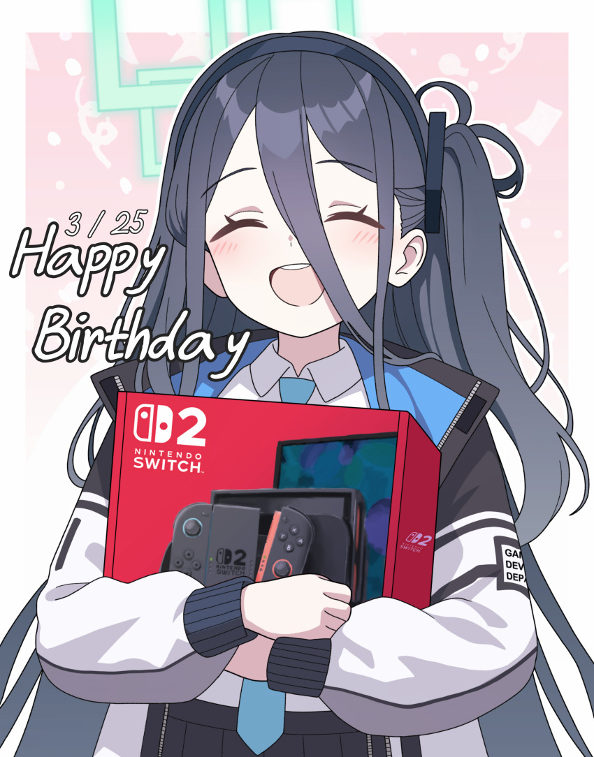 1girl absurdres aris_(blue_archive) black_hair black_hairband black_skirt blue_archive blue_hair blue_necktie blush box closed_eyes hair_between_eyes hairband highres holding holding_box jacket long_hair necktie nintendo_switch one_side_up open_mouth shirt sidelocks skirt teeth upper_teeth_only vector_(dmlddmld00) white_jacket white_shirt