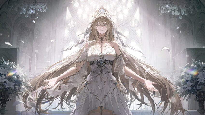 1girl absurdres bianca:_crepuscule_(pgr) bianca_(pgr) blonde_hair breasts circlet cleavage dress flower grey_eyes hair_between_eyes hair_ornament highres indoors large_breasts light_smile long_hair looking_at_viewer official_art open_mouth petals punishing:_gray_raven solo veil very_long_hair white_dress white_flower white_veil