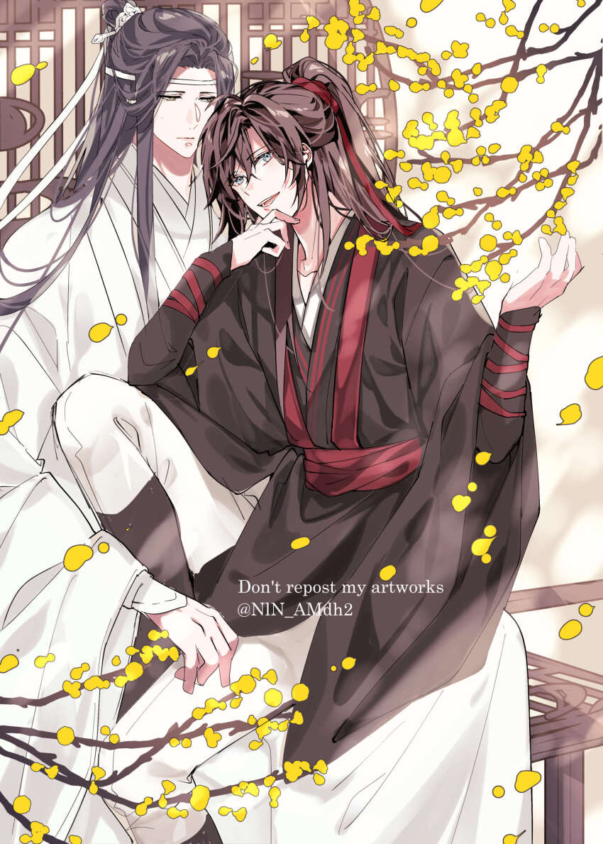 2boys absurdres bishounen black_boots black_hair black_hanfu blue_eyes boots branch brown_hair chinese_clothes english_text falling_petals flower hair_ribbon hanfu headband highres hyottokoane knee_up lan_wangji lattice layered_sleeves long_hair looking_at_viewer male_focus modao_zushi multiple_boys open_mouth pants petals ponytail red_ribbon ribbon robe sitting sitting_on_lap sitting_on_person smile topknot twitter_username wei_wuxian white_hanfu white_headband white_pants xiao_guan_(headdress) yaoi yellow_eyes yellow_flower
