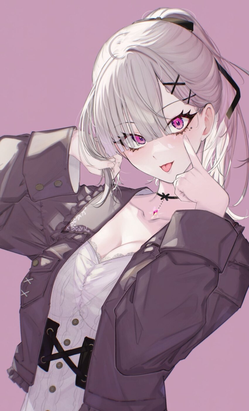 1girl ahoge akanbe black_choker black_ribbon breasts brown_jacket choker cleavage collarbone dress eyelid_pull finger_to_eye fingernails frilled_jacket frills gem grey_hair gurumyuu hair_ornament hair_ribbon hairclip high_ponytail highres holding holding_own_hair jacket lace lace-trimmed_dress lace_trim large_breasts long_hair long_sleeves looking_at_viewer mole mole_under_eye nijisanji open_clothes open_jacket pendant_choker pink_background pink_eyes pink_gemstone ponytail ribbon simple_background smile solo sukoya_kana sukoya_kana_(5th_costume) tongue tongue_out underboob virtual_youtuber white_dress