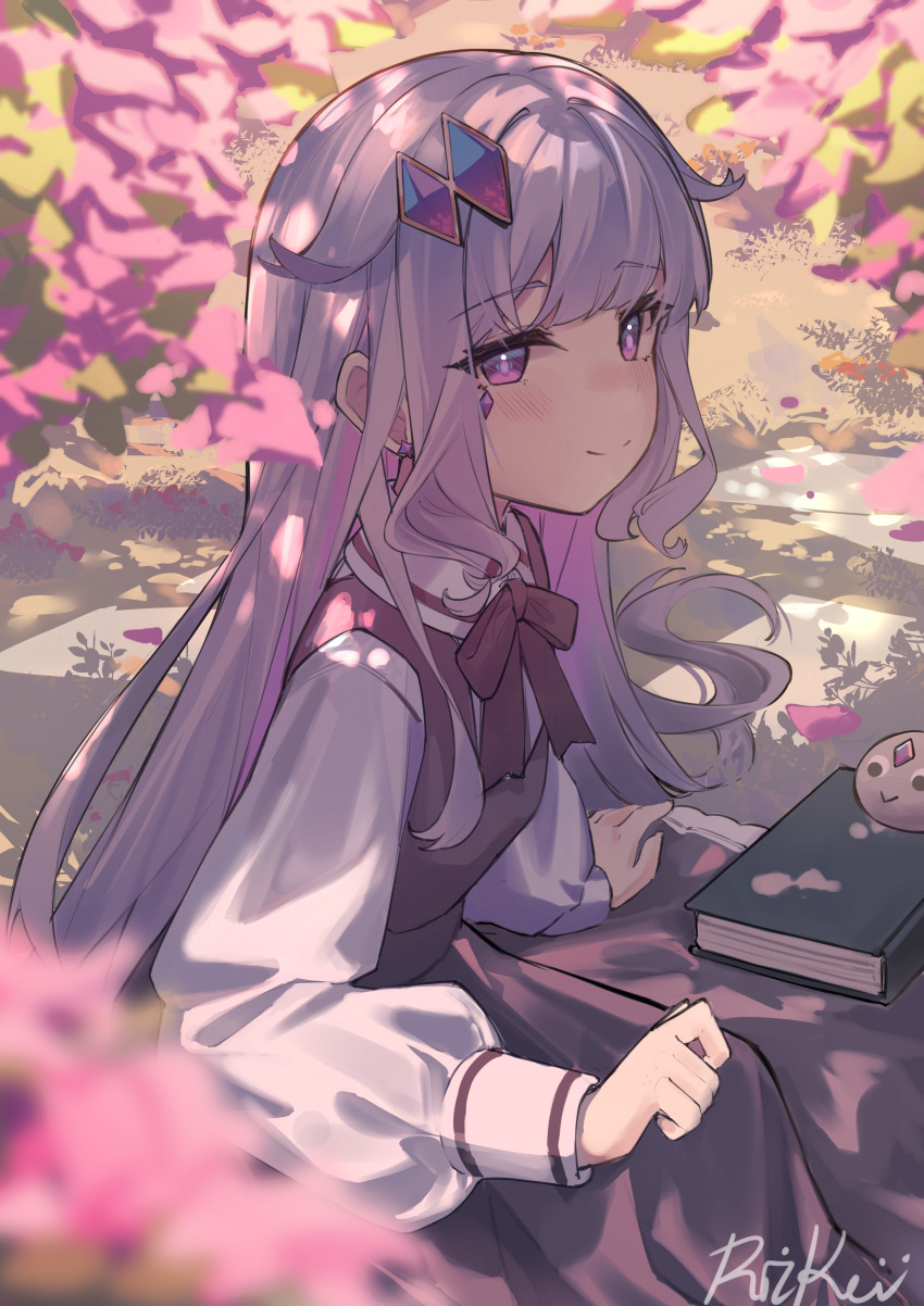 1girl absurdres alternate_costume blurry blurry_foreground book cherry_blossoms closed_mouth collared_shirt colored_inner_hair commentary day dress earrings gem grey_hair hair_flaps highres hololive hololive_english jewel_under_eye jewelry koseki_bijou long_hair long_sleeves looking_at_viewer multicolored_hair neck_ribbon outdoors pebble_(koseki_bijou) pinafore_dress pink_hair puffy_long_sleeves puffy_sleeves purple_dress purple_eyes purple_gemstone purple_ribbon ribbon ricke_2002 shirt sidelocks sitting sleeveless sleeveless_dress smile solo symbol-only_commentary very_long_hair virtual_youtuber white_shirt