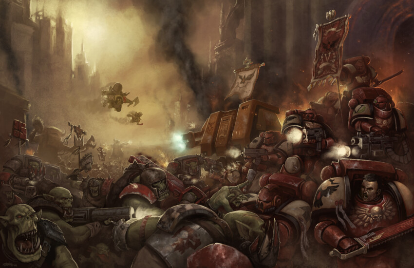 absurdres adrian4rt armor armored_boots banner battle battle_damage black_hair blood_ravens bolter boots breastplate building chainsword cloud cloudy_sky commentary couter cuirass damaged dreadnought_(warhammer_40k) english_commentary firing flying fog gauntlets goblin greaves gun helm helmet highres holding holding_gun holding_weapon leg_armor male_focus orc ork_(warhammer) outdoors pauldrons pointy_ears poleyn power_armor red_armor rerebrace saliva short_hair shoulder_armor skull sky smoke warhammer_40k weapon white_armor wide_shot