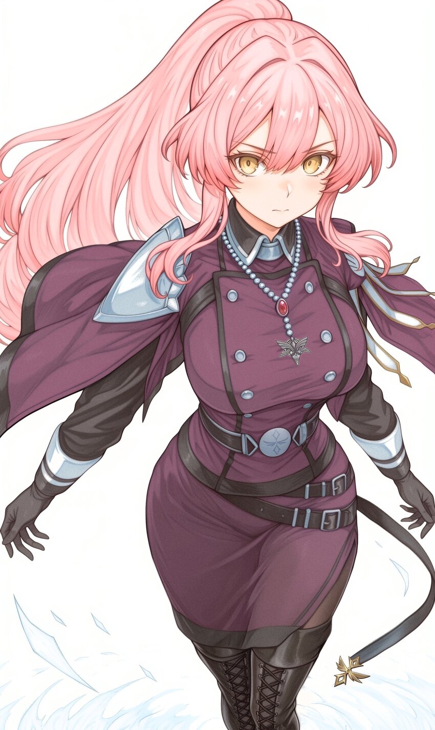 1girl absurdres armor belt black_boots boots dress duel_monster exosister_martha gloves grey_gloves highres jewelry long_hair long_sleeves looking_at_viewer necklace ownshine pink_hair ponytail purple_dress shoulder_armor sidelocks simple_background solo thigh_boots white_background yellow_eyes yu-gi-oh!