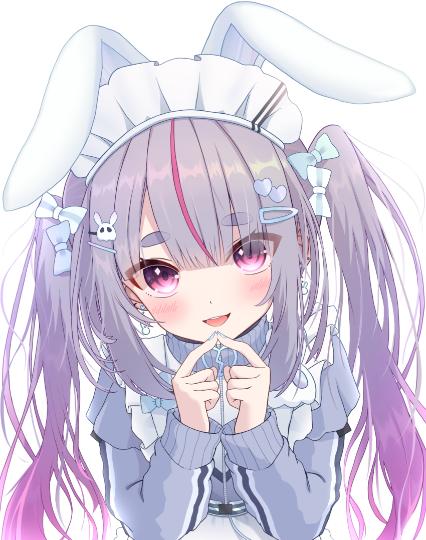 1girl animal_ears blush bow fake_animal_ears frilled_hairband frills gradient_hair hair_bow hair_ornament hairband hairclip highres index_fingers_together kazumiya_yayoi looking_at_viewer multicolored_hair nail_polish open_mouth pink_hair purple_hair rabbit_ears simple_background solo streaked_hair sweater thick_eyebrows tosaki_mimi twintails two-tone_hair virtual_youtuber vspo! white_background white_hairband