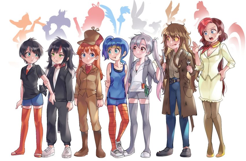 6+girls angry arm_grab belt black_hair black_jacket black_pants black_shirt blue_eyes blue_hair blue_pants blue_shirt blue_shorts boots breasts brown_belt brown_eyes brown_footwear brown_hair brown_headwear brown_jacket brown_pants brown_pantyhose bugs_bunny carrot choker cleavage collarbone daffy_duck denim elmer_fudd foghorn_leghorn food fork gloves green_eyes grey_hair grey_hoodie grey_shorts grey_thighhighs hat high_heels highres himuhino holding hood hoodie humanization hunter jacket jeans knife long_sleeves looney_tunes medium_breasts multicolored_hair multiple_girls orange_footwear orange_thighhighs pants pantyhose ponytail rabbit_tail red_hair red_scarf red_shirt road_runner_(looney_tunes) scarf shirt shoes short_hair short_sleeves shorts side_ponytail skirt slippers small_breasts smile sylvester_(looney_tunes) tail tank_top thigh_boots thighhighs tongue tongue_out torn_clothes torn_jacket twintails two-tone_hair white_background white_footwear white_gloves white_hair white_shirt white_skirt wile_e_coyote yellow_footwear