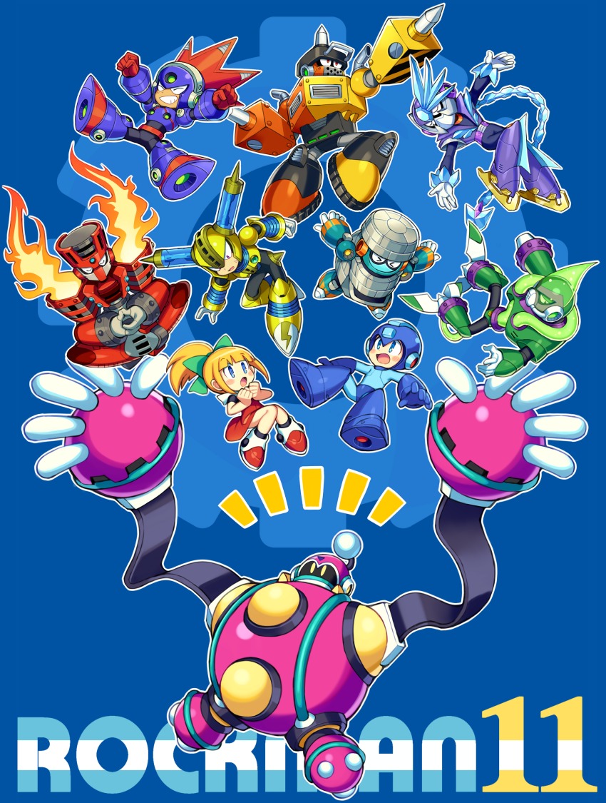 &gt;_&lt; 1girl 6+boys :o absurdres acid_man blast_man block_man blonde_hair blue_background blue_eyes blush border bounce_man bow child copyright_name fuse_man green_bow hair_bow hair_ornament high_ponytail highres impact_man iroyopon leg_up long_hair mega_man_(character) mega_man_(classic) mega_man_(series) mega_man_11 multiple_boys open_mouth ponytail red_footwear roll_(mega_man) shrugging smile torch_man tundra_man