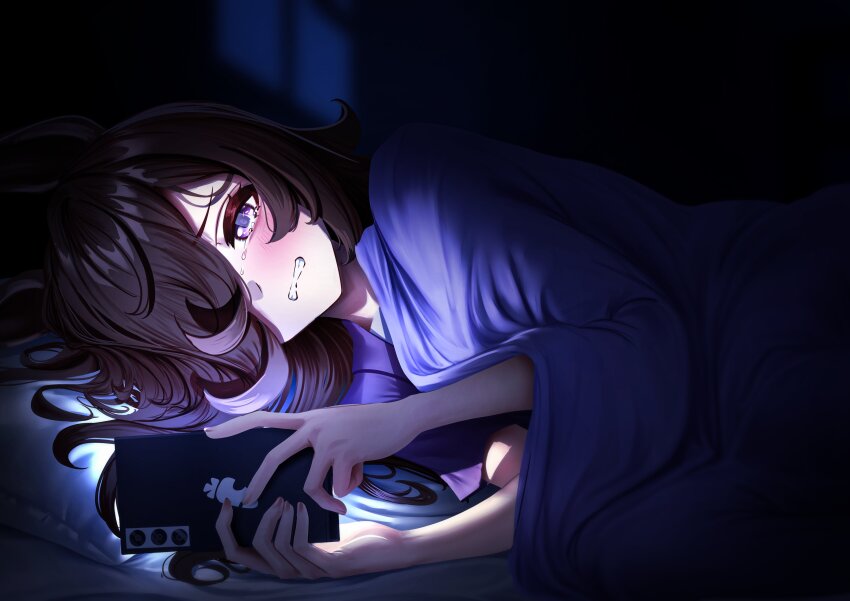 1girl absurdres animal_ears bed blanket brown_hair cellphone commentary crying english_commentary flipped_hair hair_over_one_eye highres holding holding_phone horse_ears horse_girl long_hair looking_at_phone lying manjo_(warito) on_side pajamas phone pillow purple_eyes purple_pajamas purple_shirt rice_shower_(umamusume) shirt smartphone solo tears umamusume under_covers