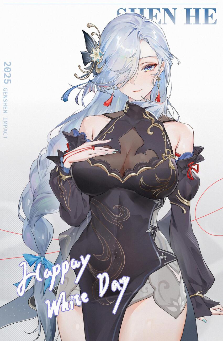 1girl alternate_costume bad_source bare_shoulders black_dress blue_eyes blue_nails braid breasts bullet-jiechan character_name china_dress chinese_clothes cleavage closed_mouth dated detached_sleeves dress earrings english_text genshin_impact grey_hair hair_ornament hair_over_one_eye hand_on_own_chest highres jewelry large_breasts long_hair looking_at_viewer low-braided_long_hair low-tied_long_hair multicolored_eyes official_alternate_costume shenhe_(frostflower_dew)_(genshin_impact) shenhe_(genshin_impact) smile solo tassel tassel_earrings very_long_hair yellow_eyes