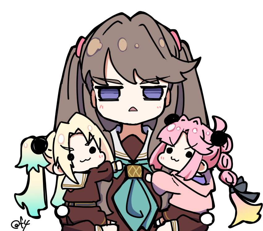 3girls :3 absurdres anyoji_hime aqua_hair aqua_neckerchief black_ribbon blonde_hair blunt_bangs brown_dress brown_hair carrying carrying_multiple_people carrying_person carrying_under_arm closed_mouth commentary d: dress fujishima_megumi furrowed_brow gradient_hair hair_intakes hair_ribbon hasu_no_sora_school_uniform highres jacket jitome link!_like!_love_live! long_hair long_sleeves love_live! medium_dress mini_person minigirl mira-cra_park! multi-tied_hair multicolored_hair multiple_girls neckerchief oofushi_ao open_mouth osawa_rurino parted_bangs pink_hair pink_jacket ponytail purple_eyes red_neckerchief ribbon sailor_collar sailor_dress school_uniform sidelocks signature simple_background solid_circle_eyes swept_bangs twintails two_side_up v-shaped_eyebrows very_long_hair virtual_youtuber white_background white_sailor_collar winter_uniform