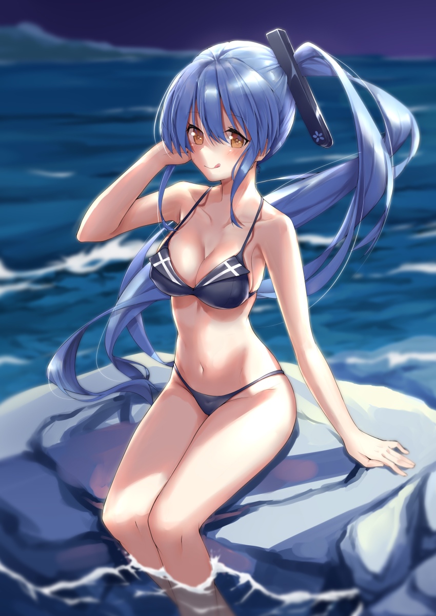 1girl absurdres arashi_(warship_girls_r) arm_support bikini black_bikini blue_hair breasts cyta_celest female_focus hair_ornament highres long_hair looking_at_viewer medium_breasts navel outdoors partially_submerged rock side_ponytail sitting solo striped_bikini striped_clothes swimsuit warship_girls_r water yellow_eyes