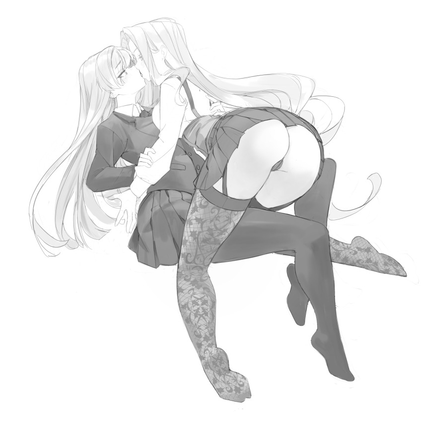 2girls absurdres ass black_pantyhose eiai_nano french_kiss greyscale highres hornfelstone kimi_no_koto_ga_dai_dai_dai_dai_daisuki_na_100-nin_no_kanojo kiss long_hair monochrome multiple_girls ohananomitsu_high_school_uniform pantyhose school_uniform sketch skirt utsukushisugi_mimimi yuri