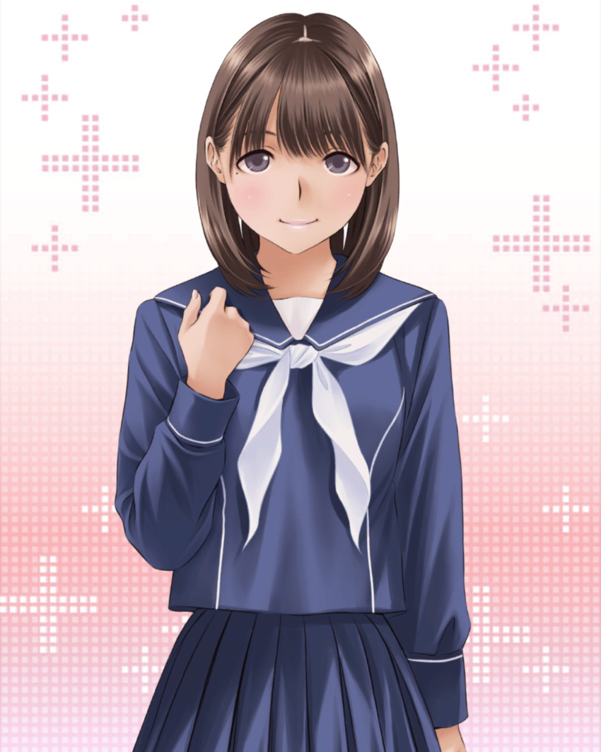 1girl anegasaki_nene blue_sailor_collar blue_serafuku blue_skirt blush brown_hair closed_mouth cowboy_shot gradient_background hand_up highres long_sleeves looking_at_viewer love_plus medium_hair mole mole_under_eye neckerchief official_art pink_lips pleated_skirt plus_sign purple_eyes sailor_collar school_uniform serafuku skirt solo standing straight-on tareme white_neckerchief winter_uniform