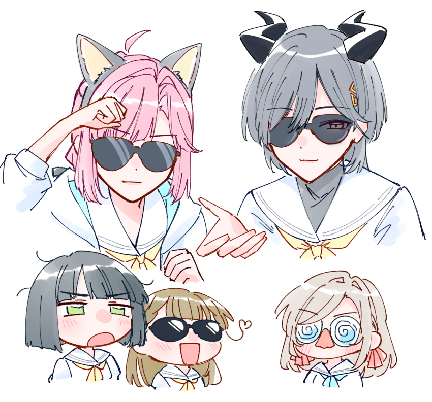 5girls :d ahoge animal_ear_hairband animal_ears anyoji_hime black_hair blue_neckerchief blunt_bangs blunt_ends blush bob_cut breasts brown_hair cat_ear_hairband cat_ears ceras_yanagida_lilienfeld coke-bottle_glasses cropped_shoulders d: demon_horns dress fake_animal_ears fake_horns fake_nose glasses green_eyes grey_hair hair_intakes hair_ornament hair_ribbon hairband hasu_no_sora_school_uniform heart heart_ahoge highres horns kachimachi_kosuzu katsuragi_izumi link!_like!_love_live! long_hair loose_hair_strand love_live! momose_ginko multi-tied_hair multiple_girls neckerchief offering_hand open_mouth orange_eyes pink_hair pink_ribbon ponytail ribbon sailor_collar sailor_dress school_uniform short_hair side_ahoge sidelocks smile summer_uniform sunglasses triangle_hair_ornament v-shaped_eyebrows virtual_youtuber white_dress white_sailor_collar wolf_cut zangemiya