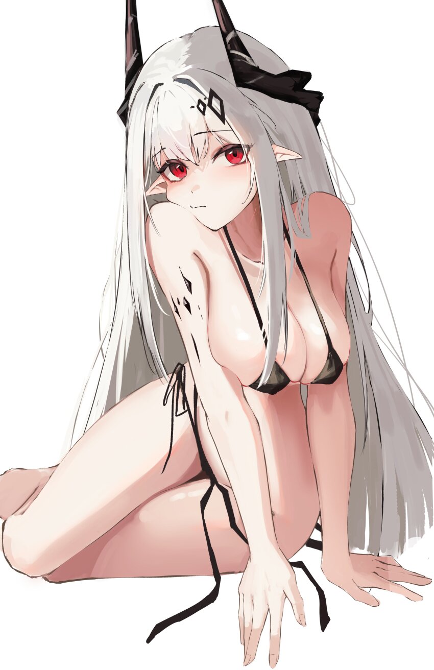 1girl absurdres arknights bare_arms bare_shoulders bikini black_horns breasts breasts_squeezed_together cleavage closed_mouth demon_girl demon_horns hair_ornament highres horns large_breasts long_hair looking_at_viewer material_growth mudrock_(arknights) nekomatamago oripathy_lesion_(arknights) pointy_ears red_eyes side-tie_bikini_bottom sitting solo swimsuit thighs white_hair yokozuwari