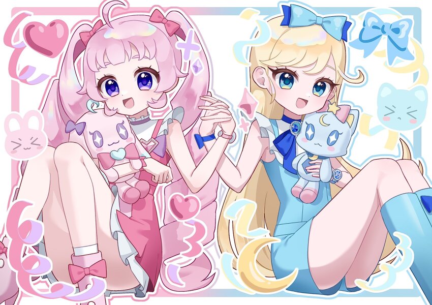 &gt;_&lt; :&lt; :3 :d aozora_himari bare_arms blonde_hair blue_boots blue_bow blue_choker blue_eyes blue_outline blue_shirt blue_shorts blush_stickers boots bow bracelet choker commentary dot_nose dress drill_hair frills hair_bow hand_up highres himitsu_no_aipri holding holding_hands holding_stuffed_toy hoshikawa_mitsuki jewelry light_blush long_hair open_mouth outline pink_bow pink_outline pink_shoes pq_(pq_owo) pretty_series prineko priusa purple_eyes shirt shoes short_dress short_shorts shorts sidelocks smile star_(symbol) star_in_eye straight_hair stuffed_animal stuffed_toy symbol-only_commentary symbol_in_eye twin_drills v-shaped_eyebrows white_outline wrist_bow