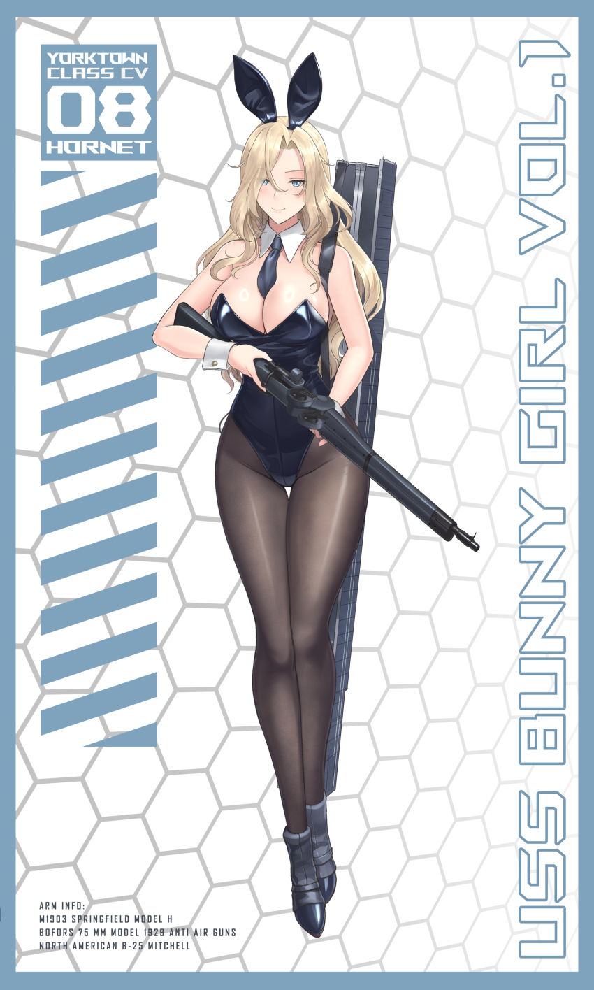 1girl absurdres alternate_costume animal_ears black_leotard black_necktie black_pantyhose blonde_hair blue_eyes bolt_action breasts cleavage commentary_request detached_collar english_text fake_animal_ears full_body gun highres holding hornet_(kancolle) kantai_collection large_breasts leotard long_hair looking_at_viewer m1903_springfield necktie odachu pantyhose playboy_bunny rabbit_ears rifle smile solo strapless strapless_leotard two-handed weapon weapon_case white_wrist_cuffs wrist_cuffs