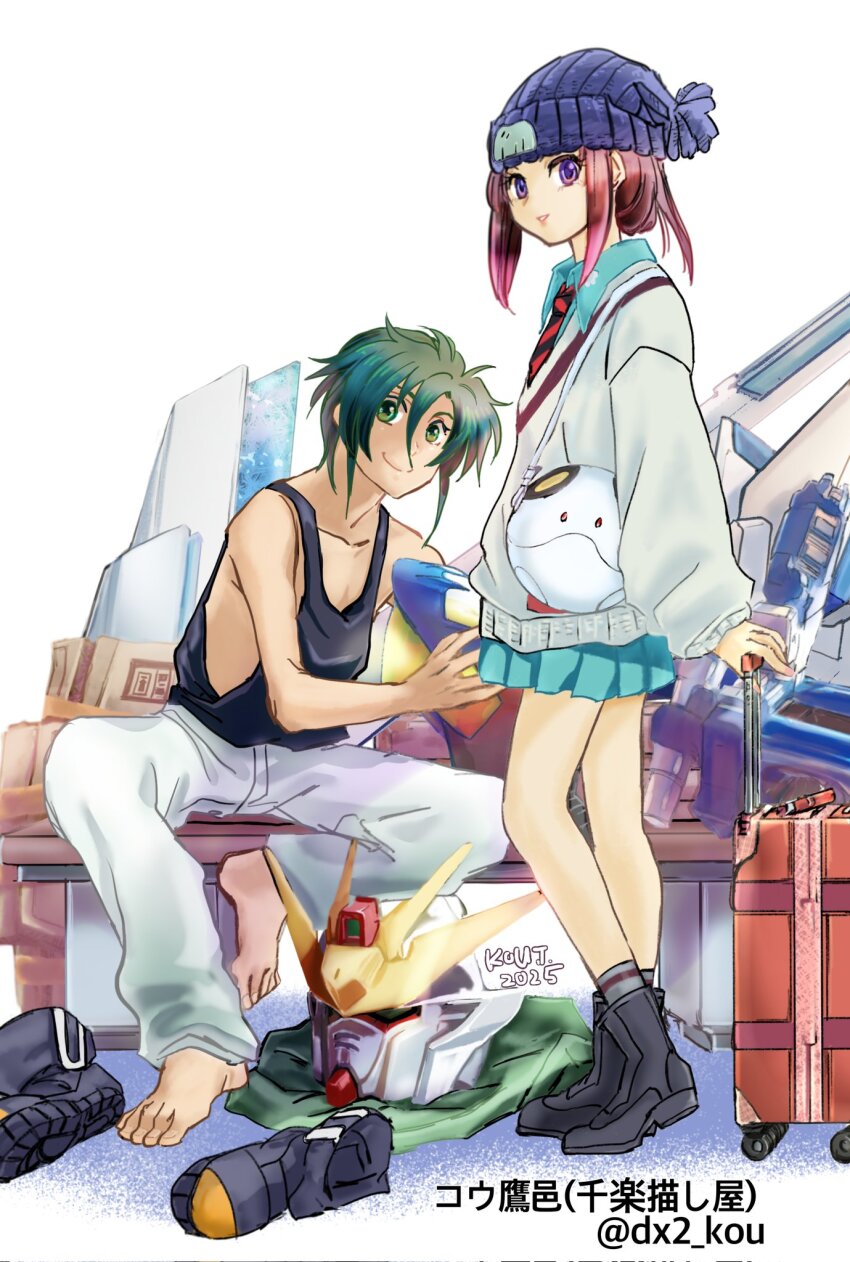 1boy 1girl after_war_gundam_x amate_yuzuriha amate_yuzuriha_(cosplay) barefoot boots brown_hair commentary_request cosplay crossover garrod_ran green_eyes green_hair gundam gundam_gquuuuuux gundam_x haro highres koutaka_yuu long_sleeves looking_at_viewer miniskirt pants purple_eyes short_hair shuji_ito shuji_ito_(cosplay) skirt sleeveless tiffa_adill twitter_username