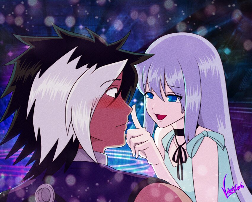 1girl absurdres assertive_female black_hair blue_eyes blue_hair blush breasts closed_mouth couple dark_skin flirting half-closed_eyes hetero highres index_finger_raised isolde_(kof) long_hair looking_at_another multicolored_hair nameless_(kof) open_mouth short_hair signature small_breasts smile snk split-color_hair surprised the_king_of_fighters the_king_of_fighters_2002 tongue two-tone_hair valkyriori white_hair