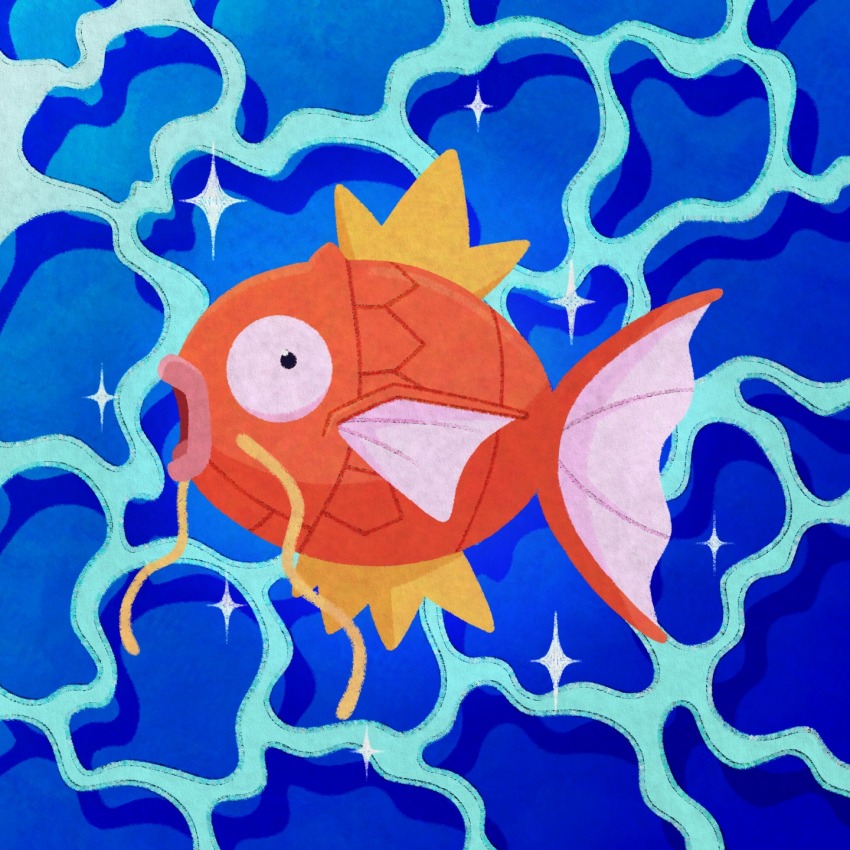 animal_focus black_eyes blue_background cryptidhermit fish from_side full_body gen_1_pokemon highres magikarp nintendo no_humans open_mouth pokemon pokemon_(creature) ripples solo sparkle