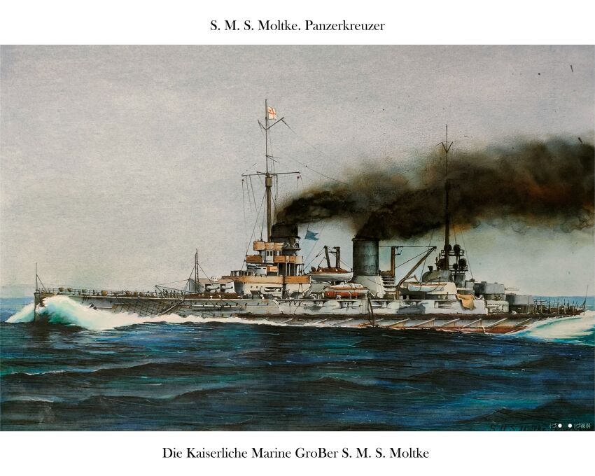 absurdres battleship cannon chinese_commentary cloud cloudy_sky commentary_request german_text highres imperial_german_navy military_vehicle no_humans ocean oil_painting_(medium) original painting_(medium) ship ship_turret sky smoke smokestack sms_moltke traditional_media translation_request vehicle_focus vortex_(xu_xuanwo) warship watercraft