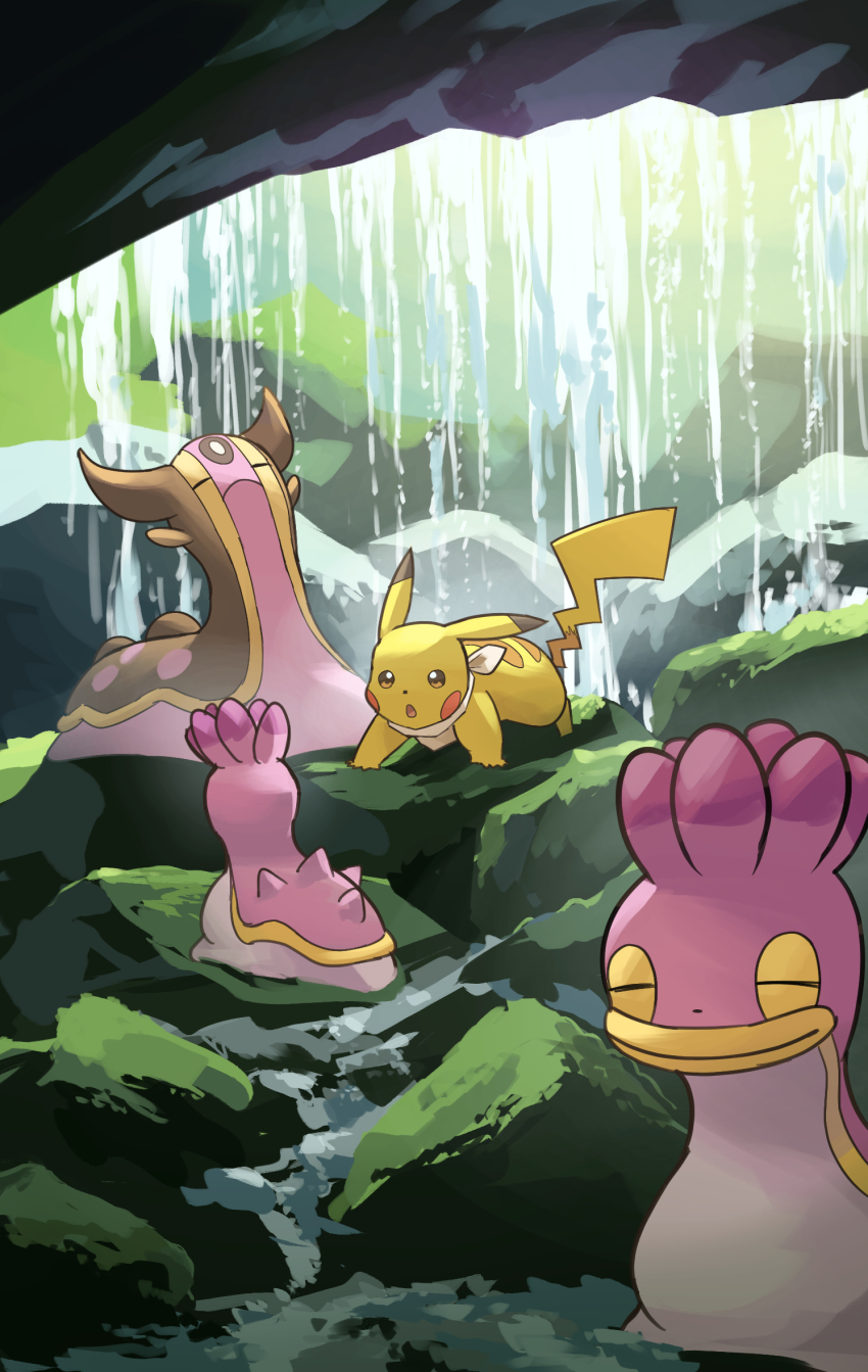 animal_focus closed_eyes closed_mouth game_freak gastrodon gastrodon_(west) gen_1_pokemon gen_4_pokemon highres nintendo no_humans outdoors pikachu pokemon pokemon_(creature) shell shellos shellos_(west) slug water waterfall yamaori_(hakkentai_pokedan)