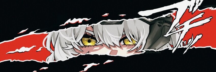 1girl close-up cut-in eye_focus goddess_of_victory:_nikke hair_between_eyes looking_at_viewer parody persona persona_5 persona_eyes portrait skbnn_kbn snow_white_(nikke) solo visor_(armor) white_hair yellow_eyes