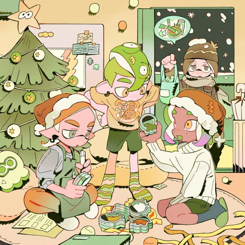 1other 3boys analogous_colors apron bag bakori514_(h_akka) between_legs brown_hat christmas christmas_tree colored_tongue dark-skinned_male dark_skin dot_nose green_apron green_hair green_shorts green_slippers green_socks green_tongue grey_sweater hand_between_legs hands_on_own_hips hat highres holding holding_bag image_in_speech_bubble indian_style indoors inkling inkling_boy inkling_player_character kneeling leaning_forward limited_palette male_focus mole mole_under_eye multiple_boys night nintendo octoling octoling_boy octoling_player_character on_floor open_door orange_hat orange_pants pants plastic_bag print_shirt rug santa_hat scarf shirt shorts sitting sleeves_pushed_up slippers snowing socks splatoon_(series) spoken_food standing sticky_note striped_clothes striped_socks sweater turtleneck turtleneck_sweater umbrella white_sweater yellow_eyes yellow_shirt