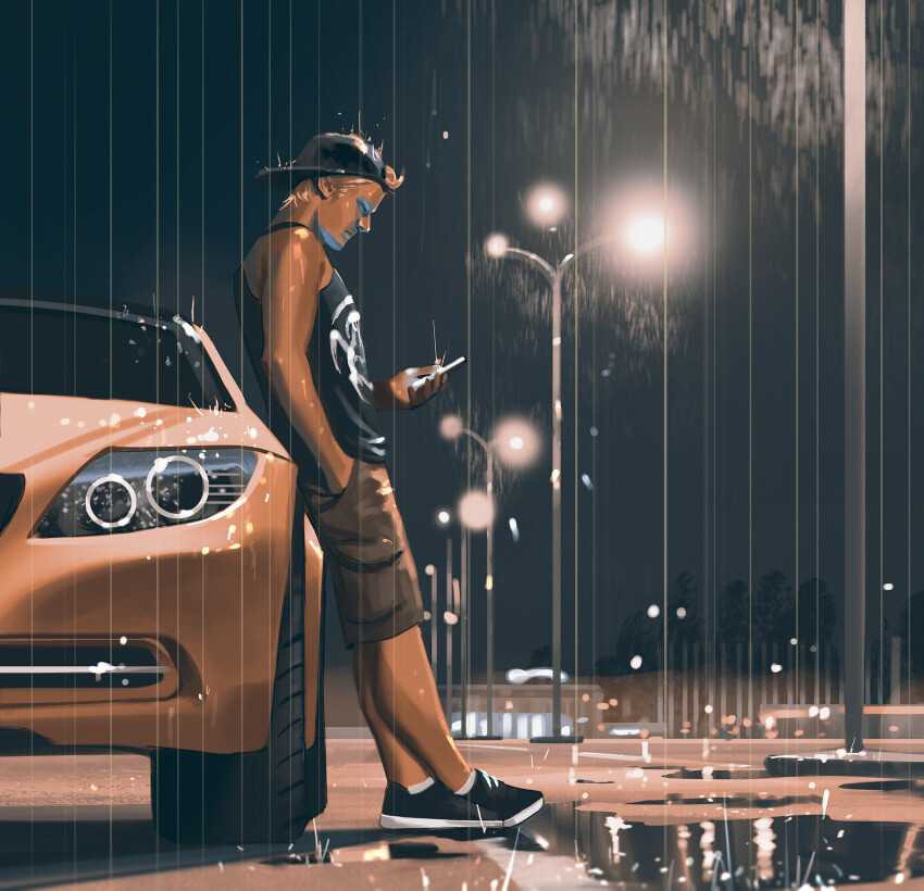 1boy backwards_hat black_hat black_shirt black_shoes blonde_hair bmw bmw_3_series bmw_m3 brown_car brown_pants car cellphone check_vehicle commentary english_commentary from_side hat highres holding holding_phone lamppost male_focus marta_danecka motor_vehicle original pants phone puddle reflection shirt shoes sleeveless sleeveless_shirt smartphone sneakers solo sports_car vehicle_request