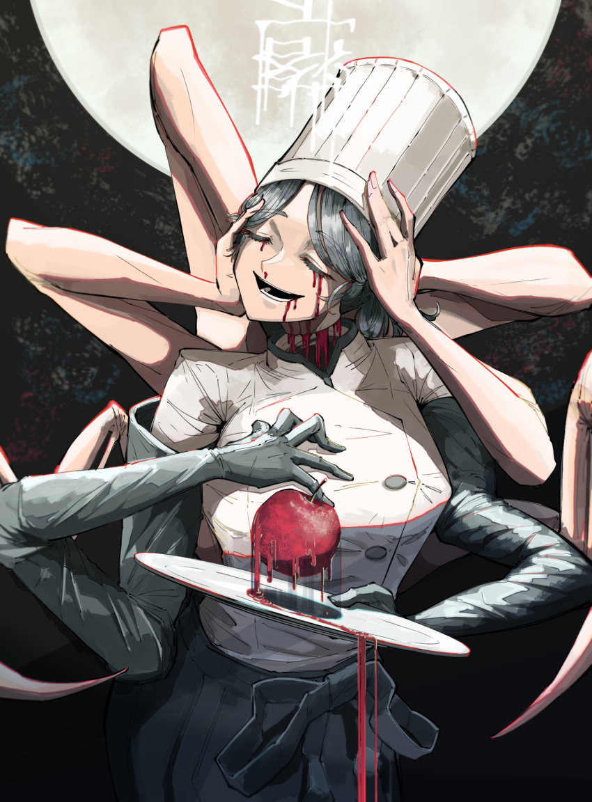 1girl apple black_gloves black_hair blood blood_from_mouth bloody_tears breasts chainsaw_man chef chef_hat closed_eyes commentary_request cowboy_shot elbow_gloves extra_arms falling_devil_(chainsaw_man) flat_top_chef_hat food fruit gloves hat highres holding holding_detached_head holding_food holding_fruit jacket medium_breasts nosebleed odoro_(nicoseiga81184094) open_mouth severed_head short_hair smile solo white_jacket