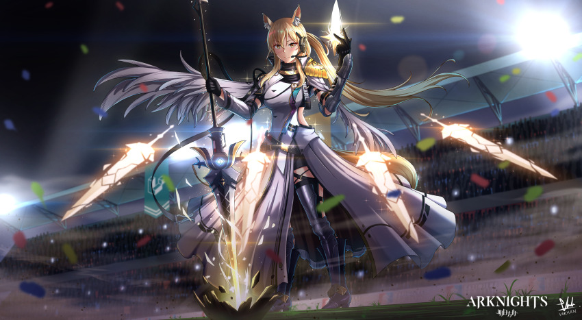 absurdres animal_ear_fluff animal_ears arknights armor armored_boots blonde_hair boots brown_eyes cape energy_spear headset highres horse_ears horse_girl horse_tail implied_extra_ears kingdom_of_kazimierz_logo name_tag nearl_(arknights) nearl_the_radiant_knight_(arknights) planted planted_polearm polearm tail thighhighs varhan_zuhair watermark white_cape