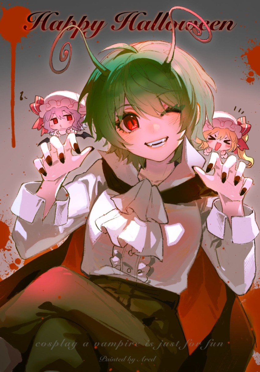 &gt;_&lt; 3girls anotherred antennae artist_name ascot black_nails black_pants blonde_hair blue_hair bow cape center_frills chibi chinese_commentary claw_pose commentary_request english_text engrish_text fangs flandre_scarlet frills green_hair halloween happy_halloween hat hat_bow highres mob_cap multiple_girls notice_lines one_eye_closed open_cuffs open_mouth pants pointy_ears ranguage red_bow red_cape red_eyes remilia_scarlet shirt short_hair side_ponytail sitting slit_pupils smile touhou white_ascot white_hat white_shirt wriggle_nightbug