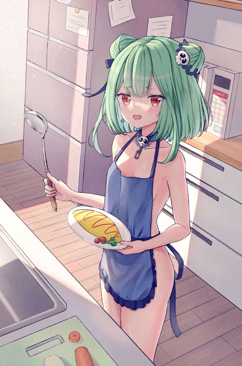 1girl absurdres apron blue_apron blue_collar blue_ribbon breasts carrot collar cooking cutting_board detached_collar double_bun earrings fang food green_eyes green_hair hair_bun hair_ornament hair_ribbon highres holding holding_ladle holding_plate hololive jewelry kitchen ladle looking_at_viewer microwave naked_apron omelet omurice onion plate ray_peng red_eyes refrigerator ribbon short_hair sidelocks sink skull_earrings skull_hair_ornament small_breasts solo uruha_rushia vegetable virtual_youtuber