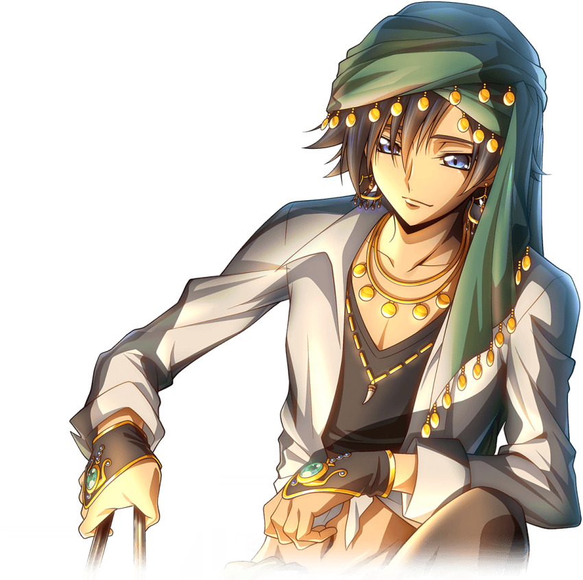 1boy artist_request black_hair black_shirt blue_eyes blue_gemstone closed_mouth code_geass code_geass:_boukoku_no_akito code_geass:_lost_stories collarbone collared_shirt crop_top earrings game_cg gem green_gemstone green_scarf gypsy hair_between_eyes half-closed_eyes headscarf holding hyuuga_akito jewelry long_sleeves looking_down male_focus navel necklace non-web_source official_art on_one_knee pectoral_cleavage pectorals scarf shirt short_hair sidelocks solo stomach tied_shirt tooth_necklace underlighting undershirt white_shirt