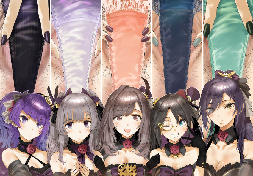 5girls absurdres black_hair black_panties blush breasts brown_hair censored cleavage close-up commentary_request dark_anus female_pubic_hair fingernails green_panties grey_hair hero_neisan highres idolmaster idolmaster_shiny_colors l&#039;antica_(idolmaster) large_breasts looking_at_viewer mitsumine_yuika mosaic_censoring multiple_girls multiple_views nail_polish orange_panties panties pubic_hair purple_hair shirase_sakuya smile spread_pussy tanaka_mamimi tsukioka_kogane underwear upper_body white_panties yukoku_kiriko