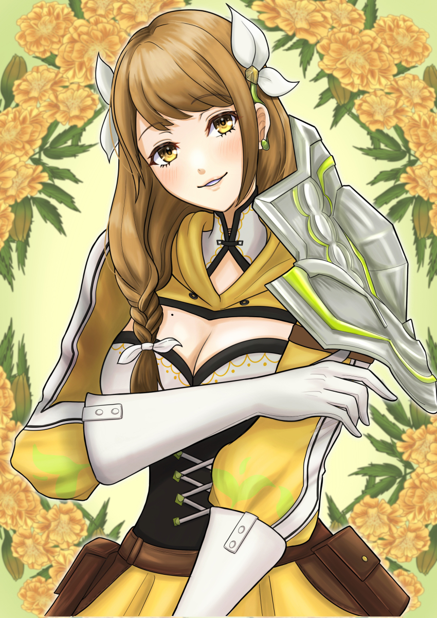 1girl absurdres braid braided_ponytail breasts brown_eyes brown_hair cleavage fire_emblem fire_emblem_engage gloves goldmary_(fire_emblem) hair_ribbon highres kousetu0506 large_breasts long_hair looking_at_viewer low_ponytail nintendo ponytail ribbon smile solo white_gloves white_ribbon yellow_eyes