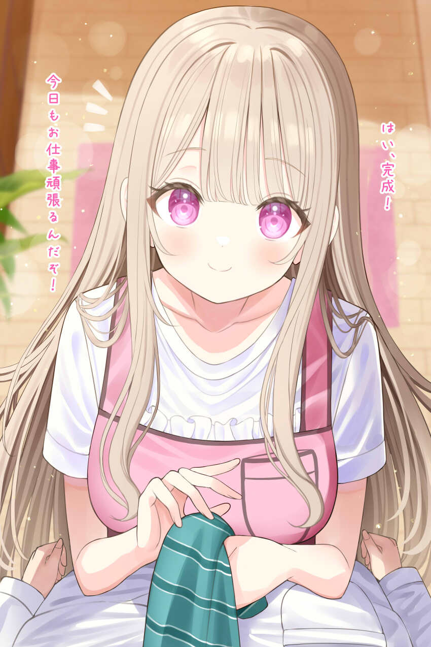 1girl absurdres adjusting_clothes adjusting_necktie apron blurry blurry_background blush breast_pocket breasts brown_hair closed_mouth collarbone green_necktie highres large_breasts long_hair mizukoshi_(marumi) necktie original pink_apron pink_eyes plant pocket pov rug shirt smile translation_request white_shirt wooden_floor