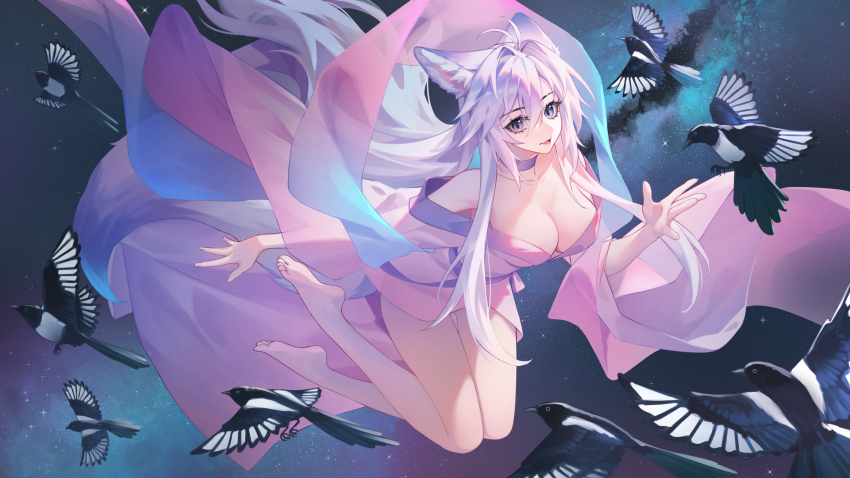 1girl absurdres animal_ears bare_shoulders barefoot bird breasts chinese_clothes choker cleavage fang feet flying fox_ears galaxy hair_between_eyes highres large_breasts legs long_hair long_sleeves looking_at_viewer magpie meng_xi_xuan milky_way open_mouth original revision soles solo star_(sky) toes white_hair wide_sleeves