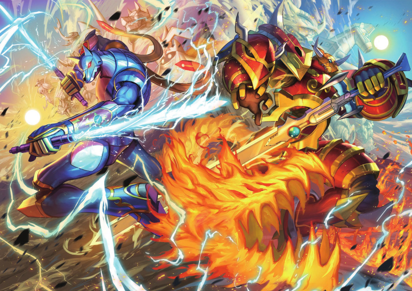 1girl 6+boys ancientgreymon ancientmegatheriumon ancientmermaimon ancienttroiamon ancientvolcamon armor blue_armor commentary digimon digimon_(creature) digimon_card_game dragon dual_wielding energy_sword fire glowing glowing_eyes helmet highres holding holding_sword holding_weapon horns kaisergreymon knight lightsaber male_focus multiple_boys orange_helmet red_armor red_eyes shoulder_armor spareribs sun sword weapon
