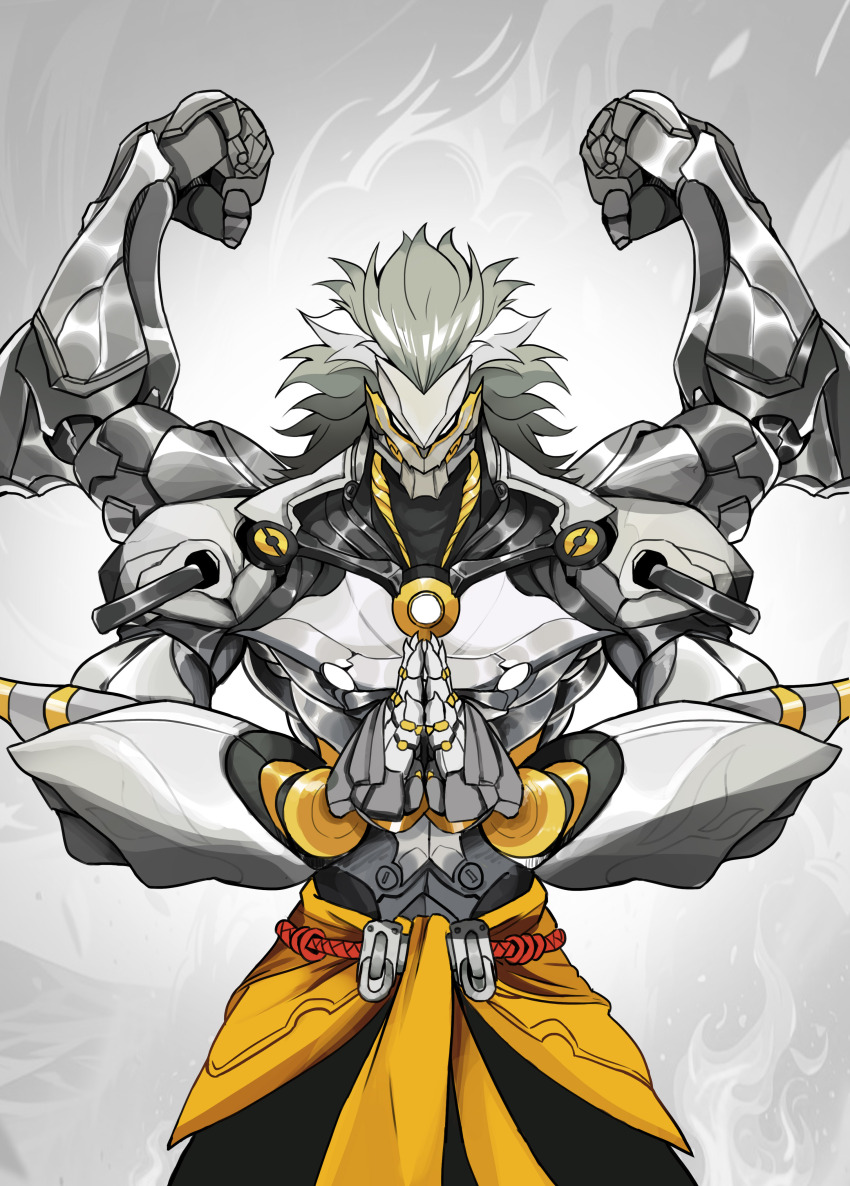 1boy absurdres arms_up banyue_(zenless_zone_zero) chinese_commentary clothes_around_waist commentary_request extra_arms flexing grey_hair highres long_hair looking_at_viewer male_focus own_hands_together robot_boy white_hair zenless_zone_zero zovin