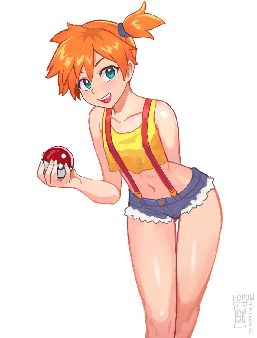 1girl :d absurdres aqua_eyes arm_behind_back asymmetrical_hair bare_arms bare_shoulders blue_eyes blush breasts collarbone creatures_(company) crop_top denim denim_shorts female_focus game_freak gen_1_pokemon gym_leader hair_tie highres holding holding_poke_ball leaning_forward legs looking_at_viewer midriff misty_(pokemon) navel nintendo open_mouth orange_hair poke_ball poke_ball_(basic) pokemon pokemon_(anime) pokemon_(classic_anime) pokemon_rgby ponytail shirt short_hair short_shorts shorts side_ponytail sleeveless sleeveless_shirt smile solo standing suspenders tank_top teeth thigh_gap thighs upper_teeth_only watcher_hollow yellow_shirt