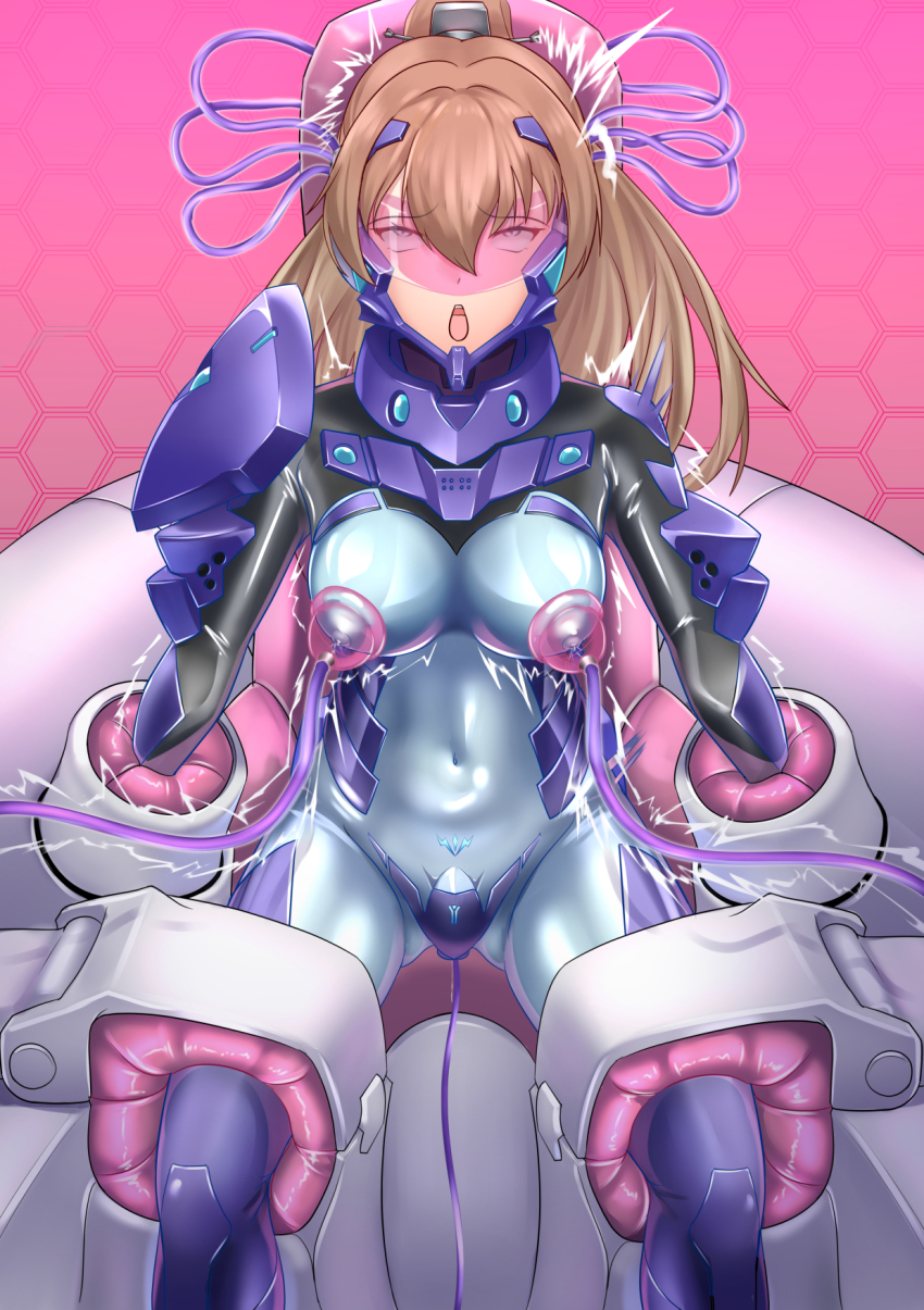 1girl ahegao alternate_costume armored_bodysuit bodysuit breasts brown_hair covered_navel eyebrows forced_orgasm fortified_suit highres impossible_bodysuit impossible_clothes kantai_collection kumano_(kancolle) large_breasts long_hair mecha_pilot_suit mind_control open_mouth pilot_suit ponytail restrained sex_machine skin_tight solo stationary_restraints very_long_hair wata_nuki