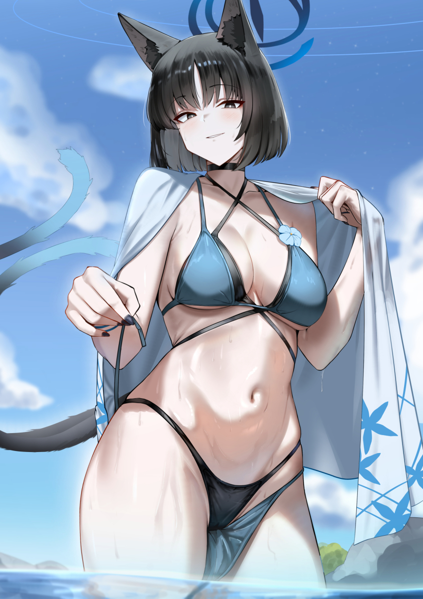 1girl animal_ears bikini black_choker black_hair blue_archive blue_bikini bright_pupils cat_ears cat_tail choker cliov collarbone commentary fingernails halo haori highres japanese_clothes kikyou_(blue_archive) kikyou_(swimsuit)_(blue_archive) looking_at_viewer multiple_tails nail_polish navel official_alternate_costume open_clothes outdoors short_hair smile solo stomach swimsuit tail untied_bikini wading white_pupils