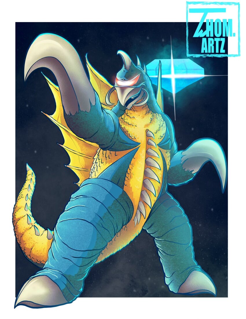 alien alternate_color beak buzzsaw_(tool) cyborg diamond_(gemstone) full_body gem gigan glowing glowing_eyes glowing_gem godzilla_(series) godzilla_vs._gigan highres hook kaiju mandibles night no_humans one-eyed red_eyes sharp_teeth signature sky space space_monster spikes star_(sky) starry_sky tail teeth thomdotartz toho