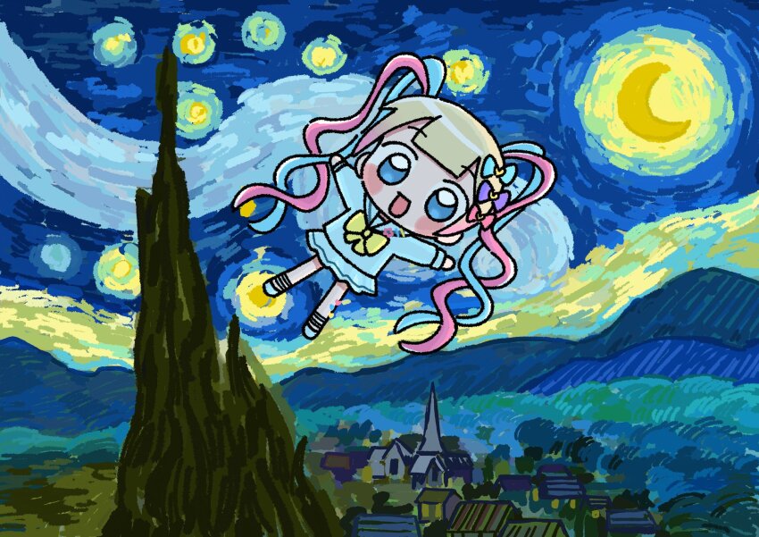 1girl 1nupool :d blonde_hair blue_bow blue_eyes blue_hair blue_serafuku blue_shirt blue_skirt bow chibi chibi_only chouzetsusaikawa_tenshi-chan cloud crescent_moon fine_art_parody flying full_body hair_bow hair_ornament heart heart_hair_ornament highres long_hair long_sleeves looking_at_viewer moon multicolored_hair multiple_hair_bows needy_girl_overdose night official_art open_mouth outdoors parody pink_bow pink_hair pleated_skirt purple_bow quad_tails sailor_collar school_uniform second-party_source serafuku shirt skirt sky smile solo star_(sky) starry_night_(van_gogh) yellow_bow